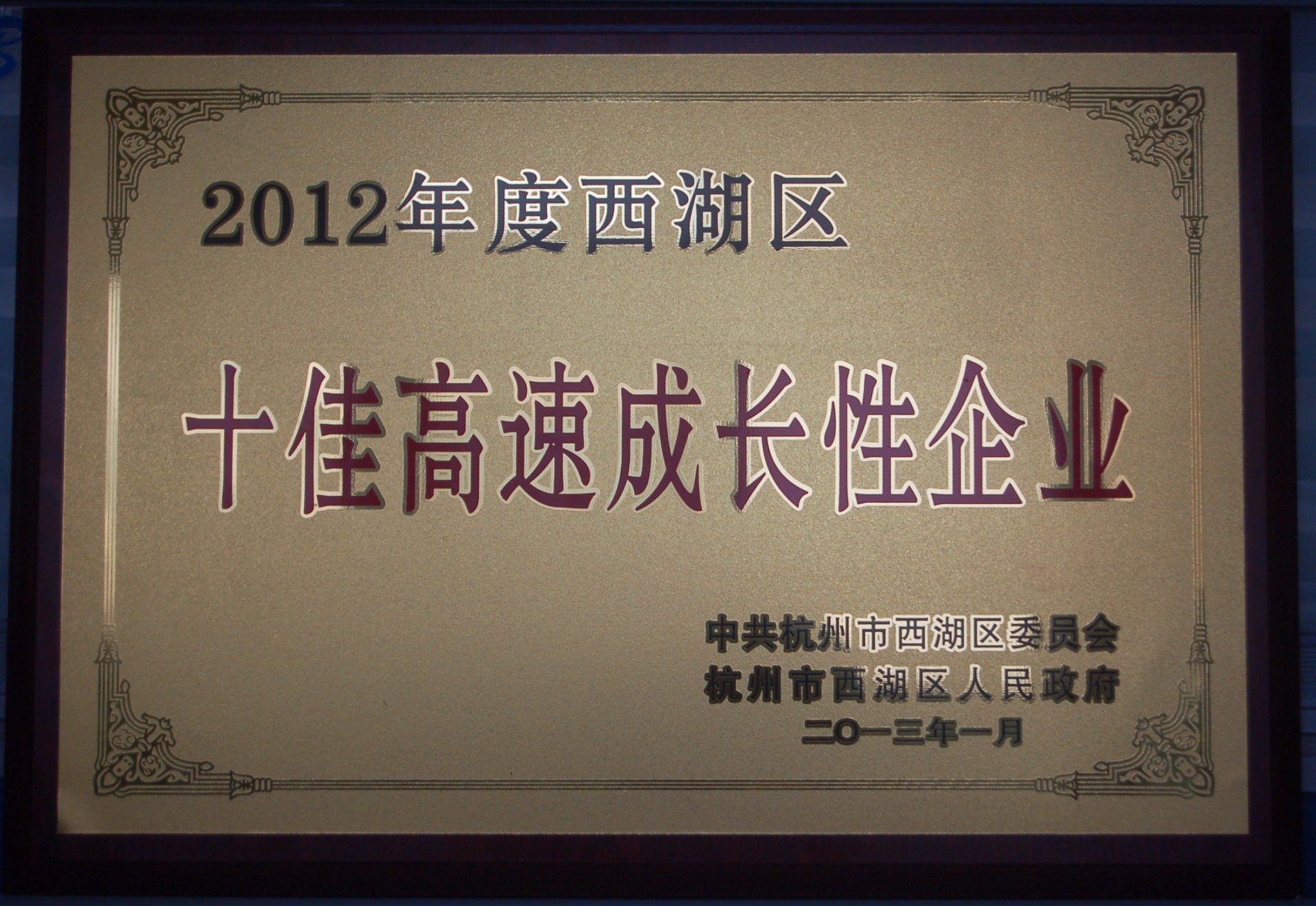 
                            恭賀我公司榮獲西湖區(qū)2012年度“十佳高速成長(zhǎng)性企業(yè)”